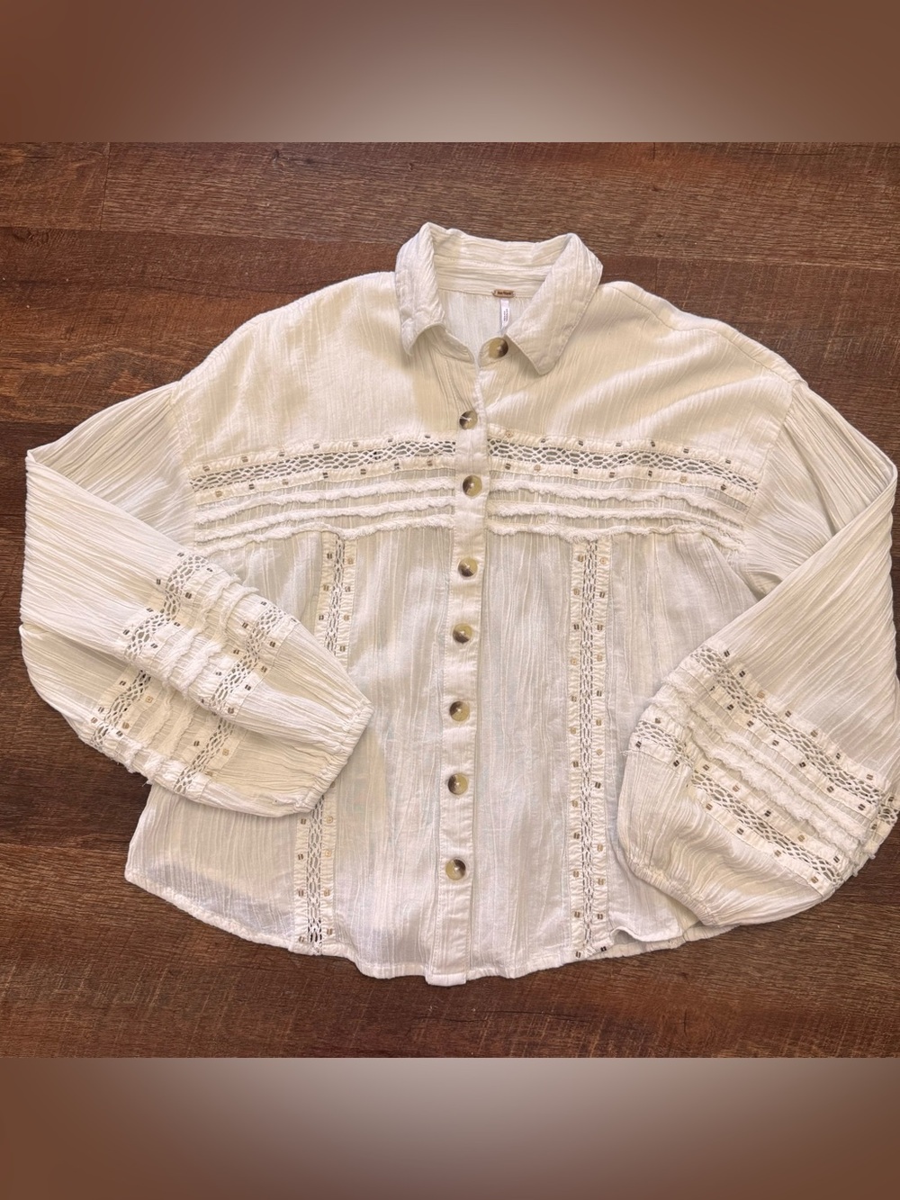 Free People Boho Crochet Ivory Lace-Trim Button Front Shirt Peasant Blouse XS